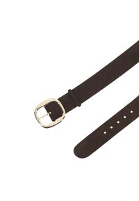 Brown suede belt featuring a square gold metal buckle and multiple adjustment holes along one side for sizing. Smooth texture throughout.