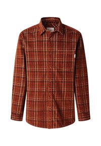 Camicia a quadri nelle tonalità di arancione e rosso, con maniche lunghe, colletto e una tasca sul petto con chiusura a bottone.