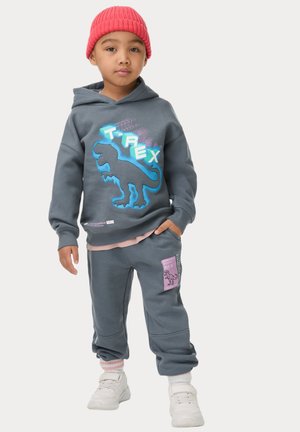 Grijze sweatshirt met een T-Rex graphic en blauwe details, gecombineerd met grijze joggers met een roze label. Inclusief witte sneakers en een rode beanie.