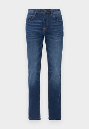 Mørkeblå denimjeans med en klassisk lige pasform, fem-lomme design og let falmede detaljer på benene. Har knap- og lynlåslukning.