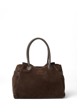 Large brown suede handbag with two rounded leather handles and leather accents on sides, standing against a white background.