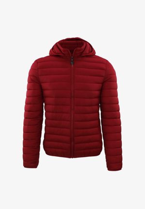 Giacca imbottita rossa con chiusura a zip e cappuccio. Presenta cuciture orizzontali e una superficie liscia. Design leggero adatto per essere indossato a strati.