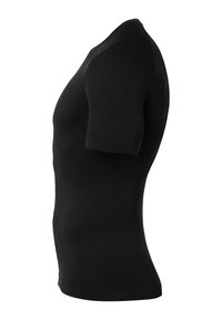 Zwart kortemouw gebreid T-shirt met een aansluitend design, voorzien van een geribbelde textuur en een ronde halslijn, zonder zichtbare logo's of patronen.