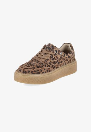 Sneaker mit niedriger Plattform aus braunem Leoparddruckstoff, braunen Schnürsenkeln und strukturierter beiger Gummisohle.