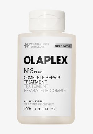Fles Olaplex No.3 Plus Complete Repair Treatment, 100 ml, voor alle haartypes, met gepatenteerde bondtechnologie en nieuw formulelabel.