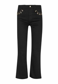 Jeans noirs évasés en denim, avec des éléments en métal doré, des poches latérales agrémentées de chaînes décoratives et un design classique à cinq poches.