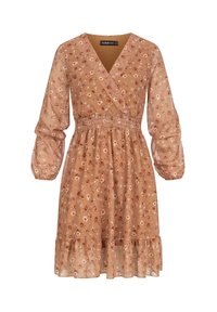 Robe florale marron avec un décolleté en wrap, des manches longues bouffantes, une taille élastique et un ourlet à volants. Fabriquée en tissu léger et transparent.