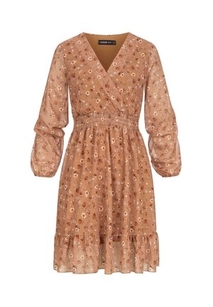 Barna virágmintás ruha, drapp dekoltázzsal, hosszú puffos ujjakkal, elasztikus derékkal és fodros szegéllyel. Könnyű, áttetsző anyagb�ól készült.