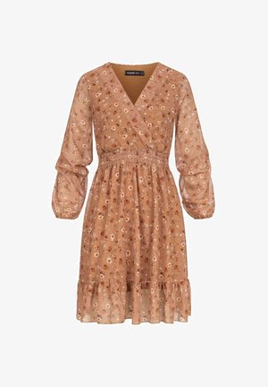 Barna virágmintás ruha, drapp dekoltázzsal, hosszú puffos ujjakkal, elasztikus derékkal és fodros szegéllyel. Könnyű, áttetsző anyagból készült.