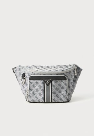 Gürteltasche aus grauem Stoff mit einem sich wiederholenden Logo-Muster. Verfügt über einen schwarzen Reißverschluss, eine Fronttasche und ein dreieckiges Logo-Detail.