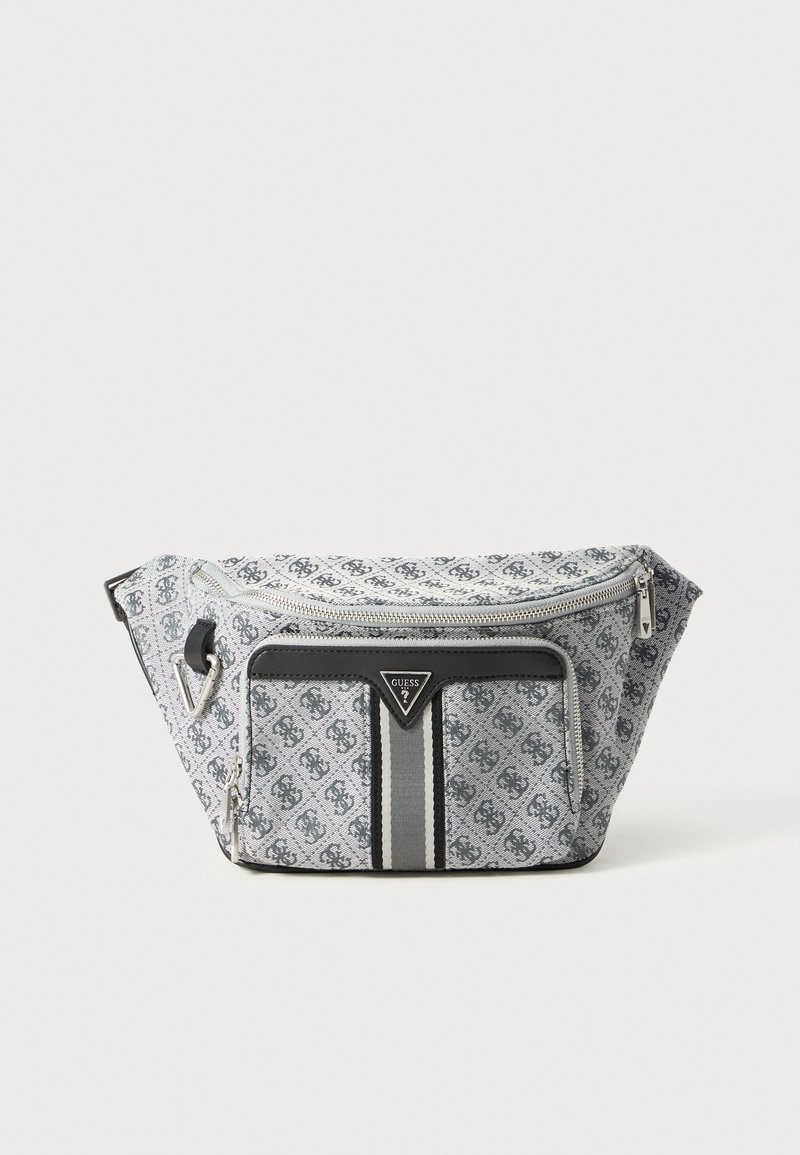Bolsa de cintura em tecido cinza com um padrão de logótipo repetido. Apresenta um fecho de correr preto, bolso frontal e um detalhe em forma de triângulo com o logótipo.