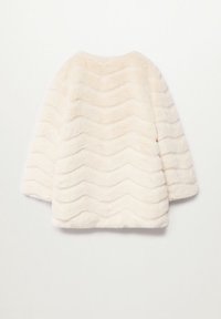 Faux fur jacket in cream with a wavy texture, featuring a round neckline and drop shoulders for relaxed fit. Back view displayed.