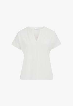 Blouse blanche à manches courtes avec encolure en V et détails subtils de broderie ajourée verticale, en tissu léger.