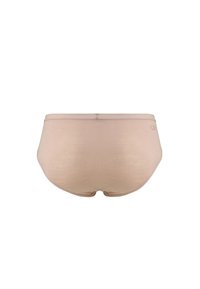 Beige cotton brief with a smooth texture, featuring a simple design and no visible patterns; elastic waistband and seamless edges.