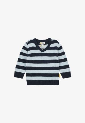 Granatowy i jasnoniebieski sweter w pionowe paski z dekoltem w serek, długimi rękawami i ściągaczami. Posiada metkę marki z boku.