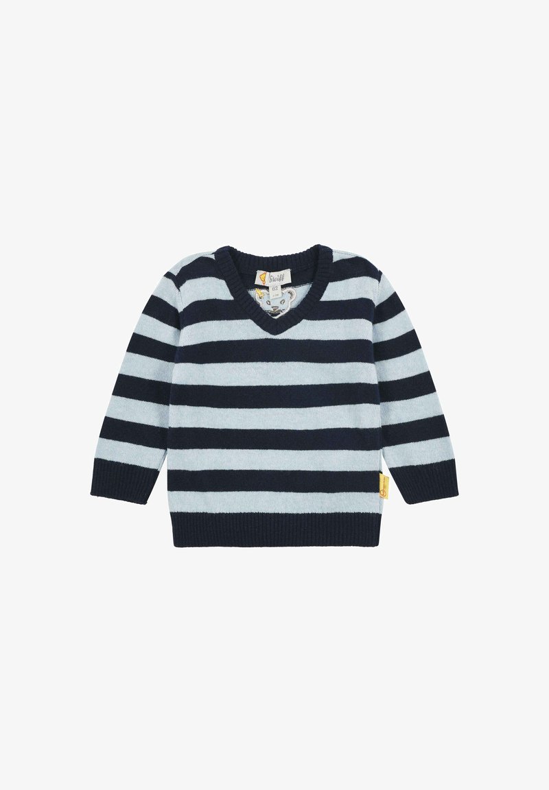 Navy- und hellblaue gestreifte Strickjacke mit V-Ausschnitt, langen Ärmeln und gerippten Manschetten. Verfügt über ein Markenetikett an der Seite.