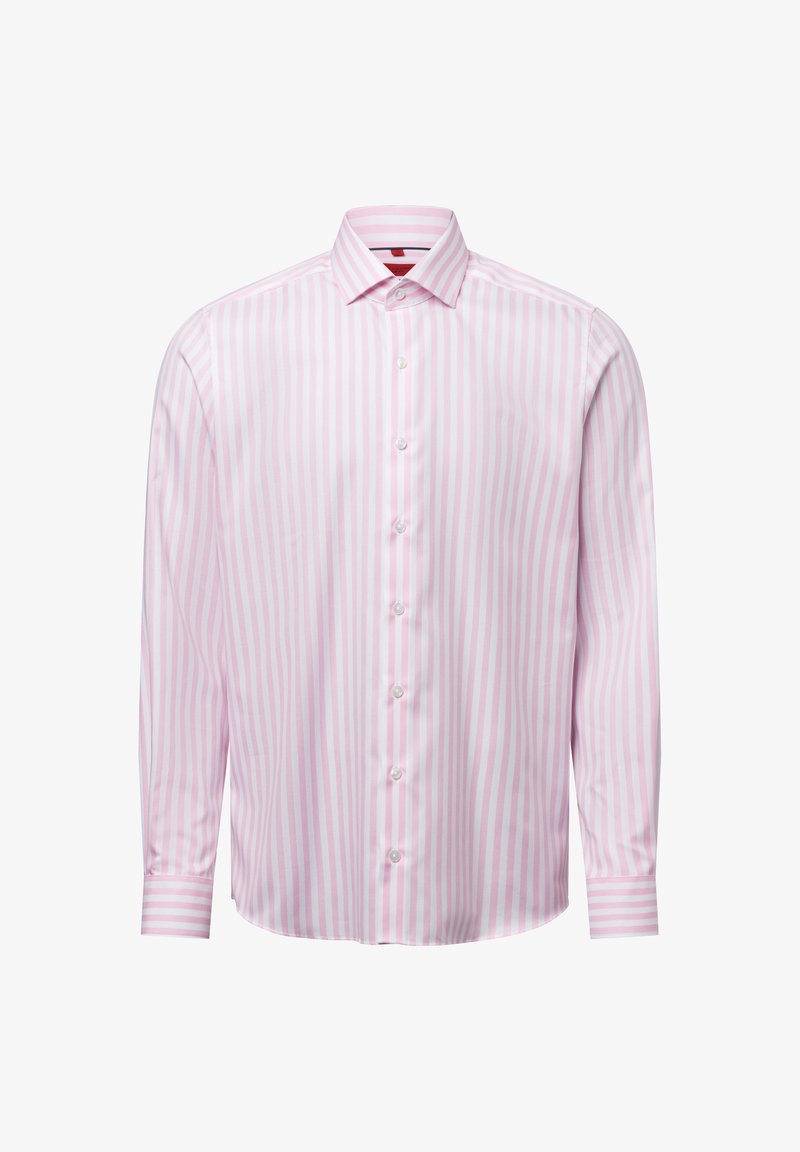 Camicia a maniche lunghe a righe in rosa chiaro e bianco, realizzata in tessuto morbido, con apertura frontale a bottoni e colletto classico.