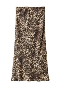 Falda midi de estampado de leopardo en tejido suave, con una mezcla de tonos marrones y beiges. Diseño sencillo con una silueta fluida.