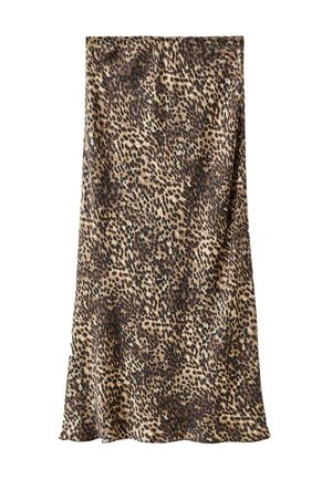 Falda midi de estampado de leopardo en tejido suave, con una mezcla de tonos marrones y beiges. Diseño sencillo con una silueta fluida.