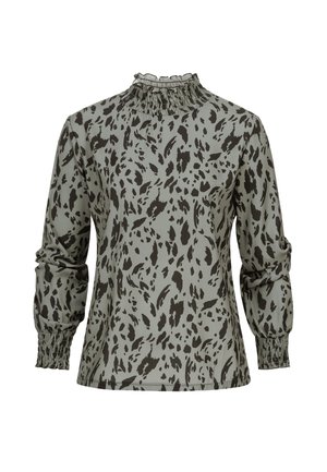Blouse met lange mouwen in lichtgroene stof met een zwarte abstracte luipaardprint, voorzien van een geplooide hals en gerimpelde manchetten.