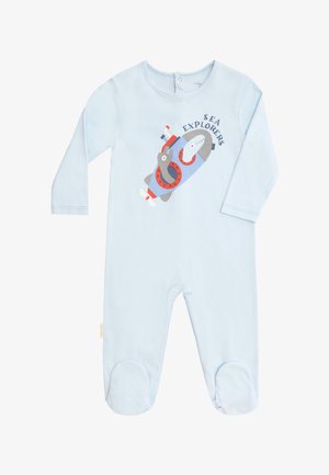 Pijama azul claro para bebé con mangas largas y pies cubiertos, con un gráfico de un submarino y el texto "Exploradores del Mar" en el pecho.
