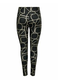 Leggings neri con un motivo geometrico beige, dotati di una vita alta e una forma aderente. Realizzati in materiale liscio e elasticizzato.