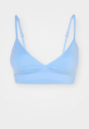 Bralette bleu clair de forme triangulaire, avec des bretelles ajustables et une texture lisse. Dispose d'une large bande pour le soutien. Sans rembourrage.