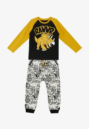 Langærmet sort og gul t-shirt med dinosaur grafik, parret med grå bukser med sorte dinosaur tryk og elastisk talje.