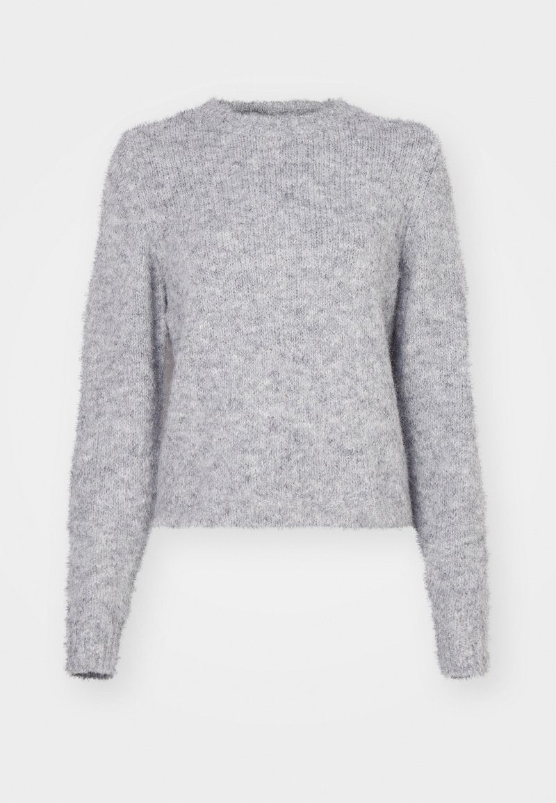 Grauer gestrickter Pullover mit Rundhals, langen Ärmeln und einer weichen, flauschigen Textur. Verfügt über einen verkürzten Saum mit einer etwas lockeren Passform.