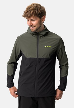 Lightweight jacket with a hood, featuring a two-tone design in dark green and black. Made from smooth, water-resistant material, with logo detail.
