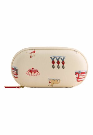 Beige zakje met rits, versierd met rode Londense dubbeldekkerbussen, Britse wachters in uniform en koningskronen in een verspreid patroon.