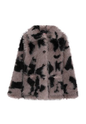 Faux fur jacket in gray with black splotches, featuring a collar, two front pockets, and three front buttons. Soft, textured surface.