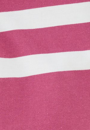 Katoenen stof met horizontale strepen in roze en wit. De textuur is zacht met een lichte glans, en de kleuren zijn gelijkmatig verdeeld.