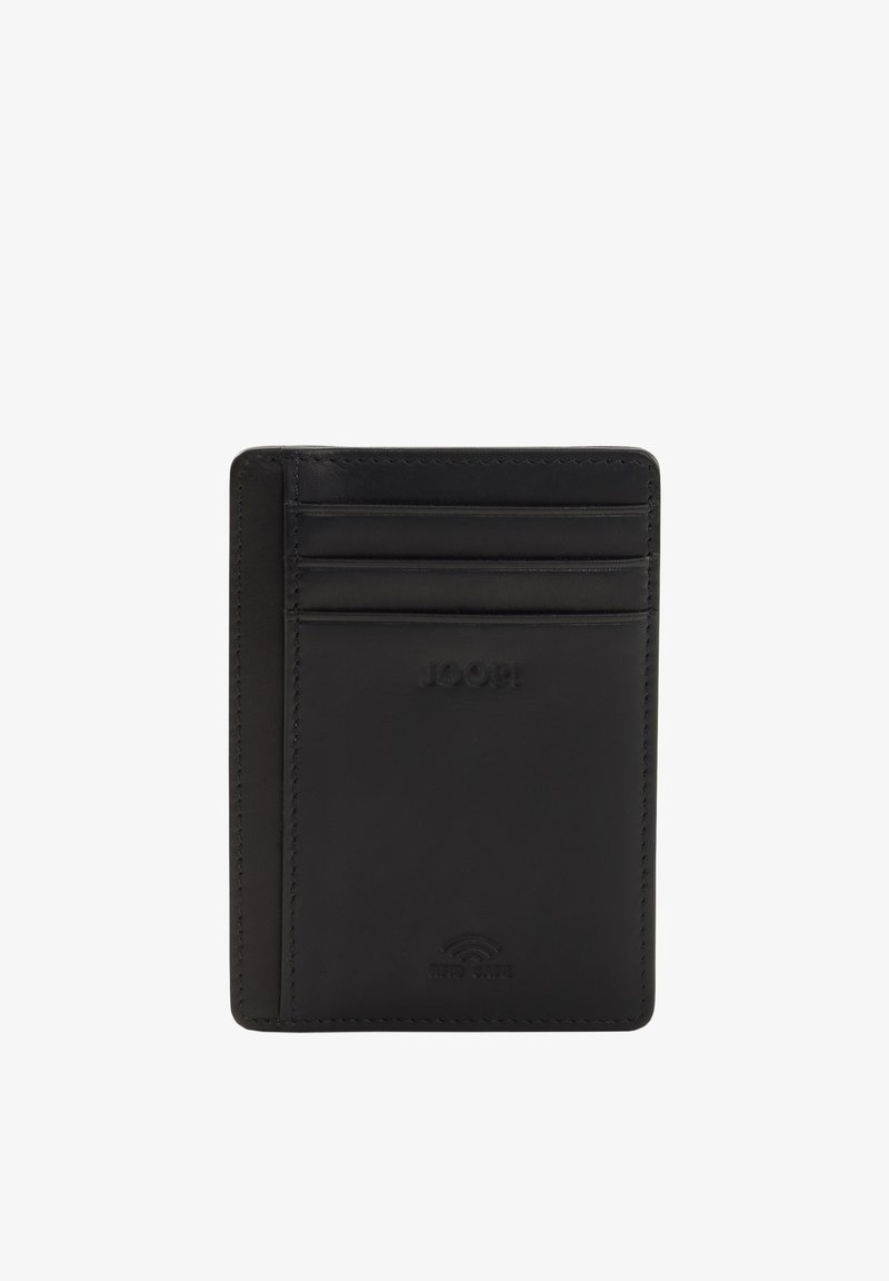 Portacarte in pelle nera con tre fessure per carte, logo JOOP! in rilievo e simbolo di pagamento contactless su sfondo bianco.