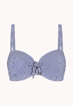 Top de bikini a rayas azules y blancas con tirantes ajustables y detalle de nudo atado en el centro delantero.