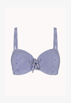 Top bikini a righe blu e bianche con spalline regolabili e dettaglio di nodo annodato al centro davanti.