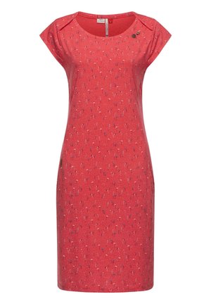 Red short-sleeve dress featuring a floral pattern in blue and white, round neckline, and decorative button accents on the shoulder.