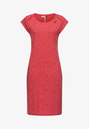 Rotes Kurzarmkleid mit floralem Muster in Blau und Weiß, runder Ausschnitt und dekorativen Knopfakzenten an der Schulter.