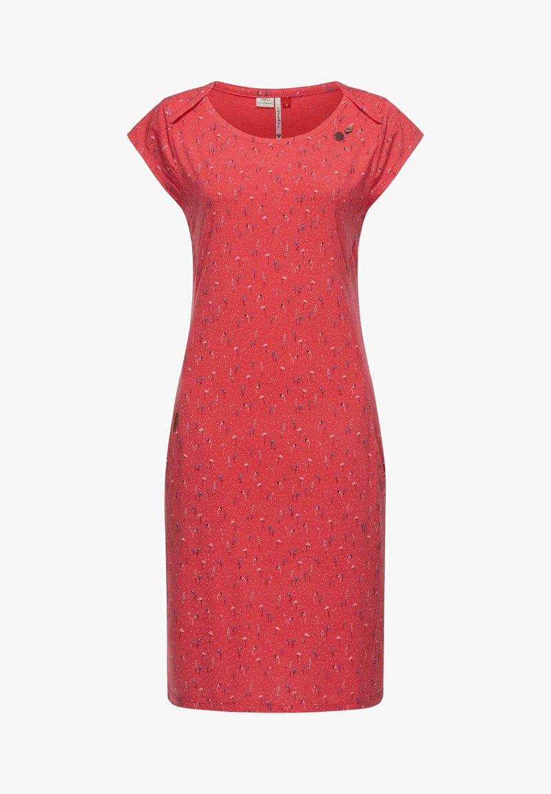 Czerwona sukienka z krótkim rękawem z kwiatowym wzorem w niebieskim i białym kolorze, okrągły dekolt oraz dekoracyjne guziki na ramieniu.