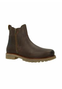 Bruine leren Chelsea boot met zijrits, ronde neus en dikke rubberen zool. Voorzien van een trekriem voor gemakkelijk aan- en uittrekken en een gladde textuur.