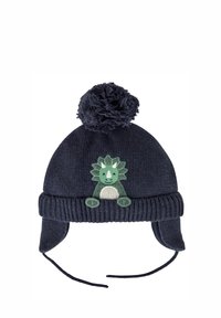 Caciula tricotată bleumarin cu un pom-pom pufoș, având un appliqué cu dinozaur verde pe față și clape pentru urechi cu legături pentru căldură.