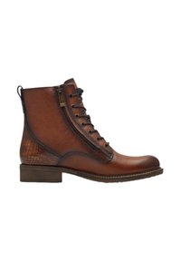 Bottine en cuir marron avec des côtés texturés, lacets à l'avant et fermeture éclair. Elle présente un bout arrondi et un petit talon empilé.