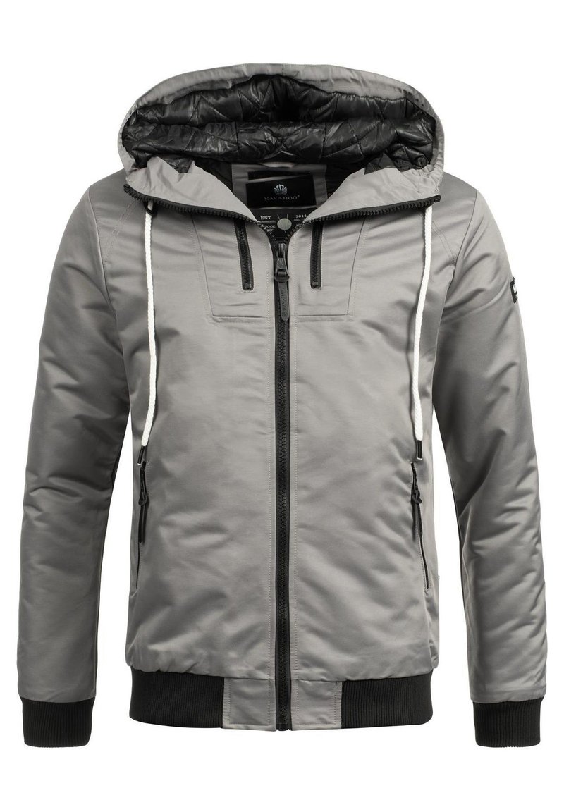 Gray insulated jacket with a black quilted lining, drawstring hood, two zippered front pockets, and ribbed cuffs and hem.