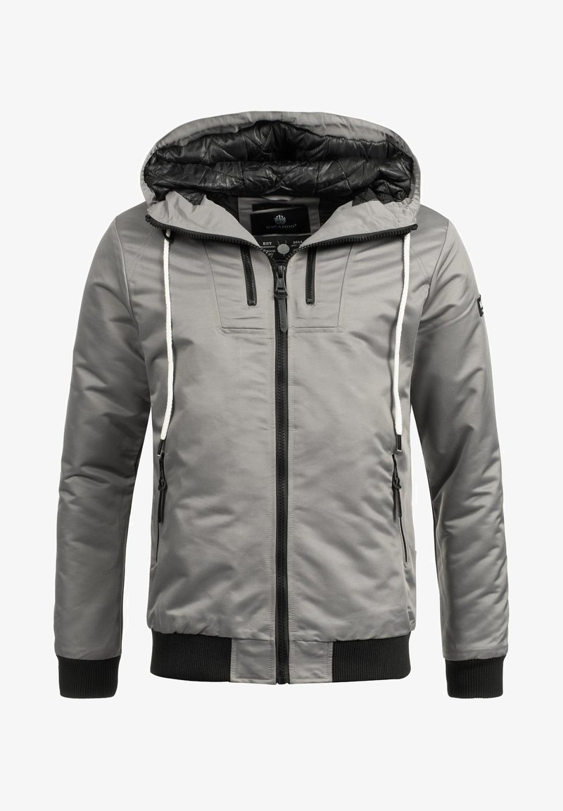 Gray insulated jacket with a black quilted lining, drawstring hood, two zippered front pockets, and ribbed cuffs and hem.