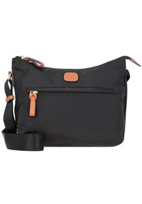 Borsa a tracolla nera in nylon con finitura testurizzata, dotata di una tasca con zip frontale, dettagli in pelle e una tracolla in tessuto regolabile.