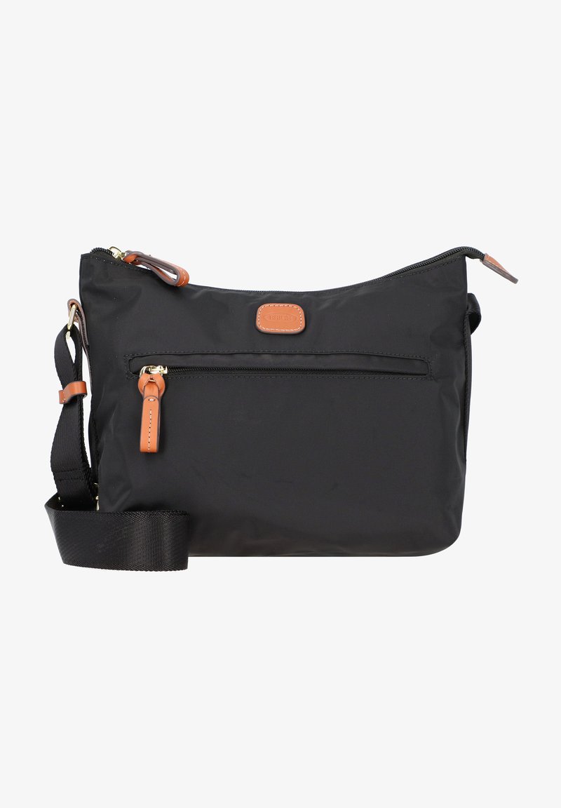 Borsa a tracolla nera in nylon con finitura testurizzata, dotata di una tasca con zip frontale, dettagli in pelle e una tracolla in tessuto regolabile.