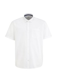 Chemise blanche à manches courtes, boutonnée sur le devant, avec poche poitrine et col classique, présentée sur un fond blanc uni.