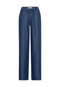 Breda ben, mörkblå bomullsbyxor med elastisk midja och dragsko. Slät textur, inga synliga mönster, och enkel design.