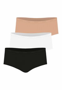 Trois paires de culottes hipster pour femmes en beige, blanc et noir, avec un tissu doux et une taille élastique à logo.