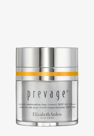 Barattolo argentato della crema giorno multi-riparatrice Elizabeth Arden Prevage con SPF 30 e una striscia gialla sul coperchio.